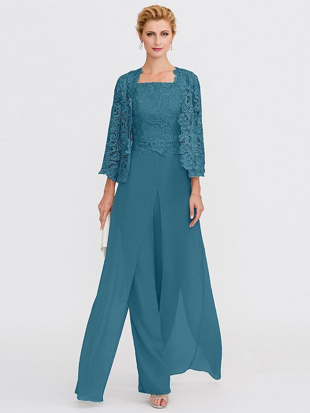 Jumpsuit / Pantsuit Mother of the Bride Dress Formal Plus Size Elegant Square Neck Floor Length Chiffon Corded Lace Sleeveless Wrap Included with Lace Appliques 2023 - LuckyFash™