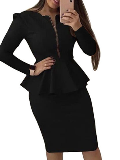 Women's Dress - Bodycon Sheath Dress Church Dress Midi Dress Black Yellow Red Long Sleeve Pure Color Ruffle Winter Fall Autumn Crew Neck Work Winter Dress Weekend Fall Dress 2023 S M L XL XXL