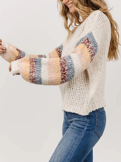 Women's Plus Size Pullover Sweater Jumper Crew Neck Ribbed Knit Polyester Patchwork Fall Winter Regular Outdoor Going out Weekend Stylish Plus Size Casual Long Sleeve Striped White XS S M