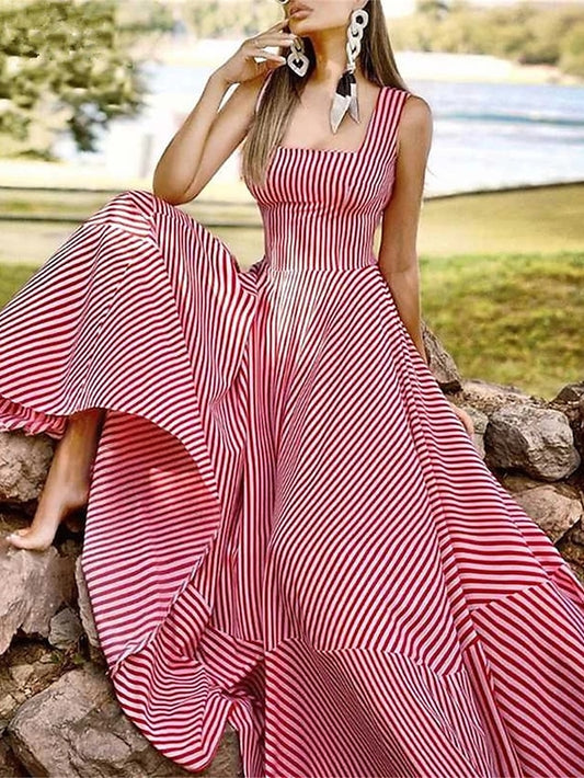 Women's Dress - Long Dress Maxi Dress Casual Dress Swing Dress A Line Dress Striped Basic Fashion Holiday Vacation Going out Ruffle Print Sleeveless Square Neck Dress Regular Fit Black Red Blue Spring Summer