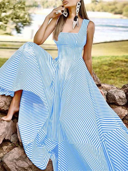 Women's Dress - Long Dress Maxi Dress Casual Dress Swing Dress A Line Dress Striped Basic Fashion Holiday Vacation Going out Ruffle Print Sleeveless Square Neck Dress Regular Fit Black Red Blue Spring Summer