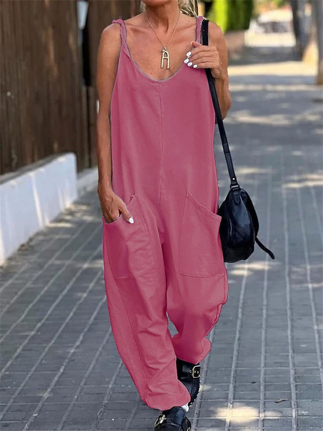 Jumpsuits for Women Summer Maternity Pocket Solid Color V Neck Streetwear Street Daily Loose Fit Spaghetti Strap Black White Pink S M L - LuckyFash™