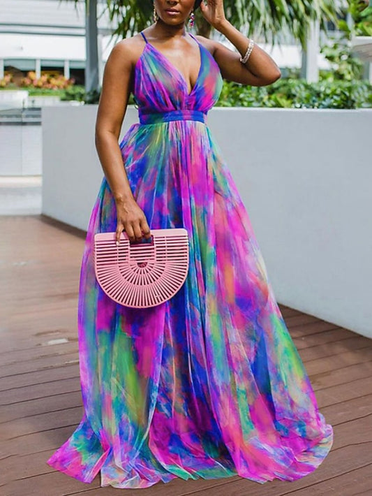 Women's Dress - Plus Size Curve Party Dress Sundress Tie Dye V Neck Print Sleeveless Spring Summer Formal Prom Dress Maxi long Dress Party Vacation Dress / Party Dress