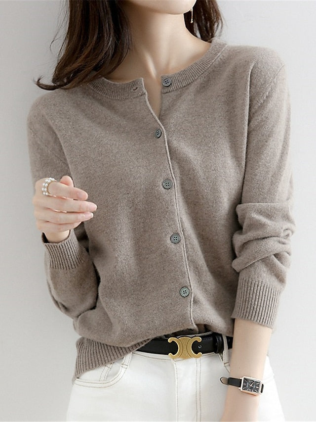 Women's Cardigan Sweater Jumper Ribbed Knit Button Solid Color Crew Neck Stylish Casual Outdoor Daily Autumn Winter Wine Red Big red S M L