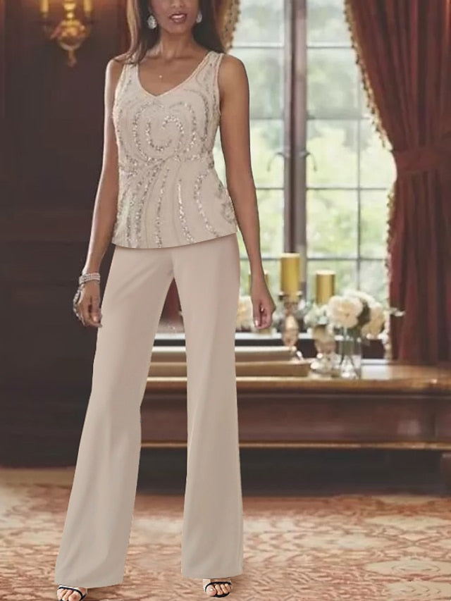 Jumpsuit / Pantsuit 3 Piece Mother of the Bride Dress Formal Luxurious Elegant V Neck Floor Length Chiffon Lace Sleeveless Wrap Included with Beading Sequin 2023 - LuckyFash™