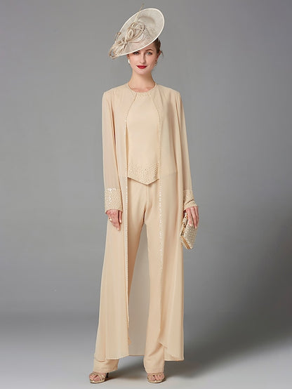 Jumpsuit / Pantsuit 3 Piece Mother of the Bride Dress Formal Plus Size Elegant Wrap Included Bateau Neck Floor Length Chiffon Sleeveless with Beading Appliques 2023 - LuckyFash™