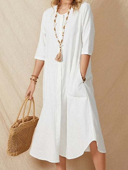 Women's Dress - Cotton Linen Dress Casual Dress Shift Dress Midi Dress White 3/4 Length Sleeve Pure Color Pocket Summer Spring Crew Neck Basic Vacation Loose Fit Retro S M L XL XXL 3XL