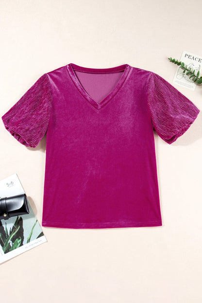 Luxurious Bubble Sleeve Velvet Top in Bright Pink