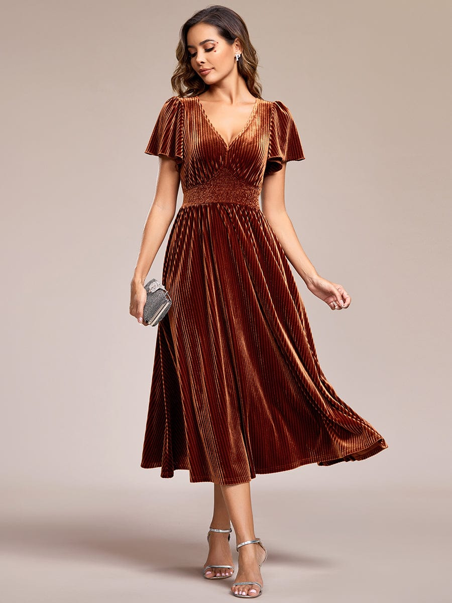 Luxurious Velvet Pleated Wedding Guest Dress with Short Sleeves