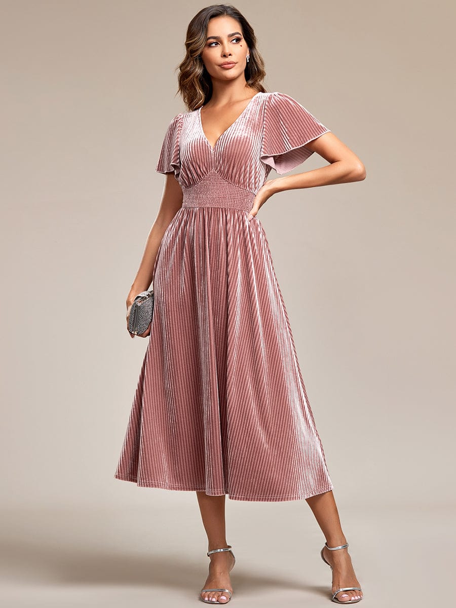 Luxurious Velvet Pleated Wedding Guest Dress with Short Sleeves