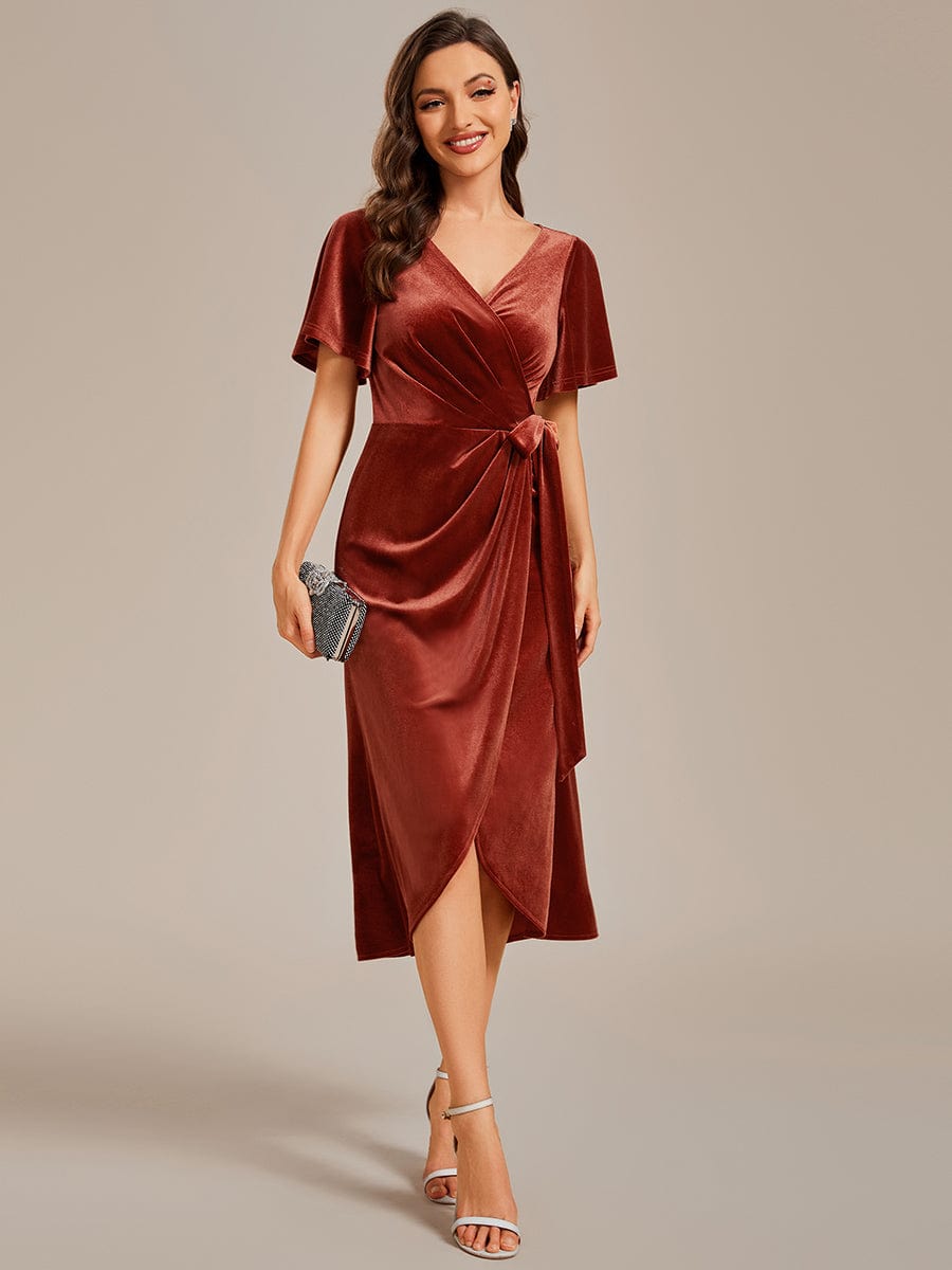 Luxurious Velvet V-Neck Short Sleeve Midi Wedding Guest Dress