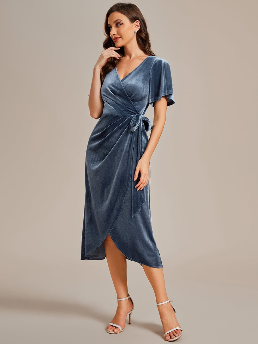 Luxurious Velvet V-Neck Short Sleeve Midi Wedding Guest Dress