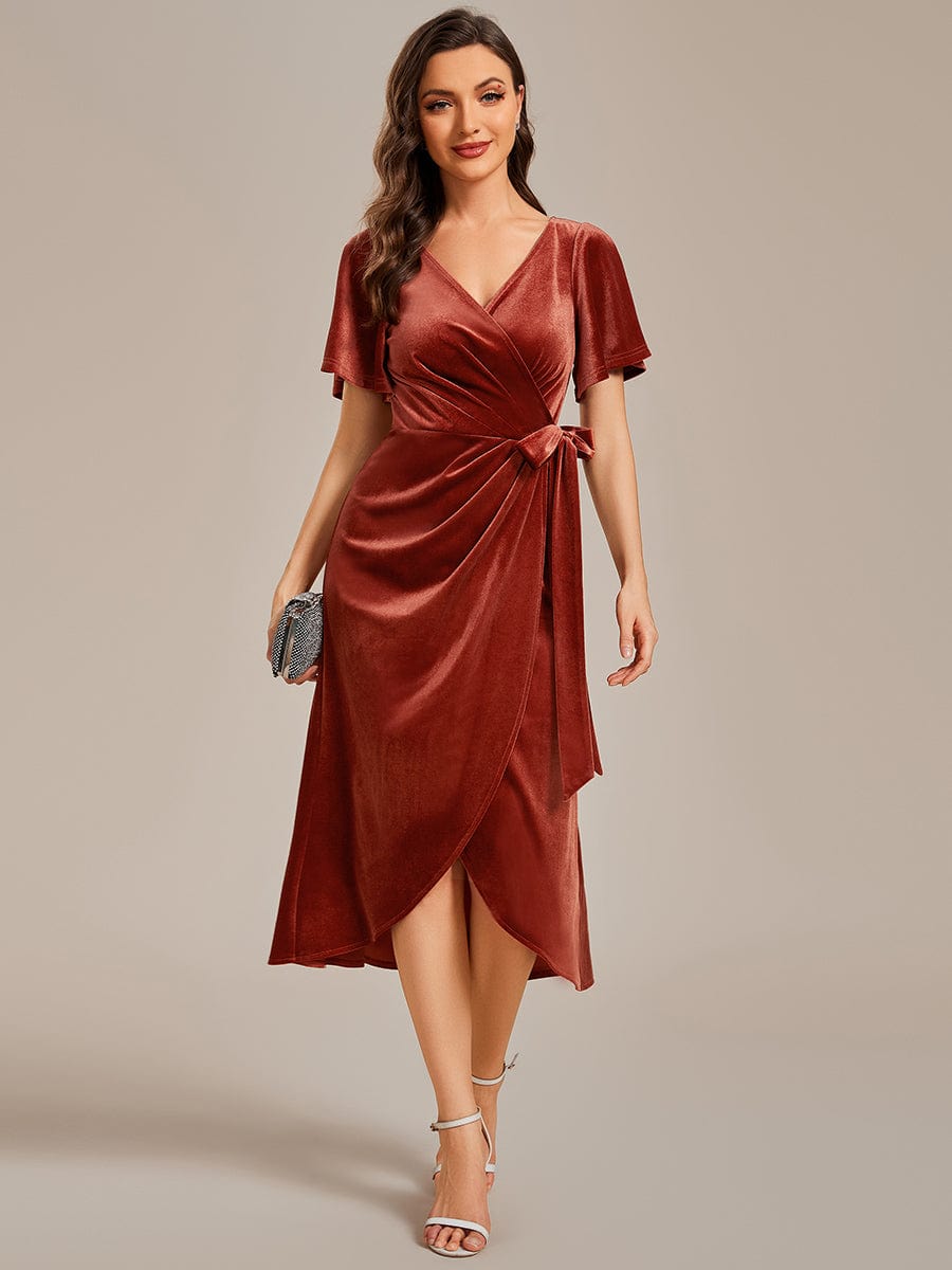 Luxurious Velvet V-Neck Short Sleeve Midi Wedding Guest Dress