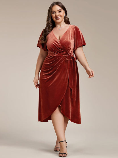 Luxurious Velvet V-Neck Short Sleeve Midi Wedding Guest Dress