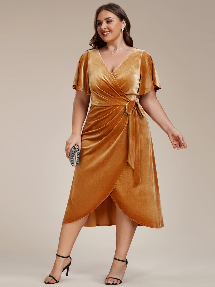 Luxurious Velvet V-Neck Short Sleeve Midi Wedding Guest Dress
