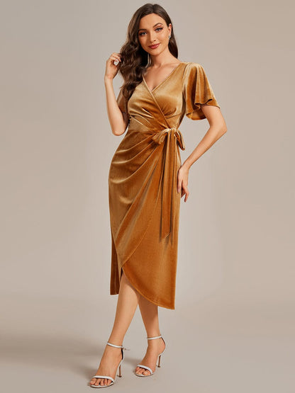 Luxurious Velvet V-Neck Short Sleeve Midi Wedding Guest Dress