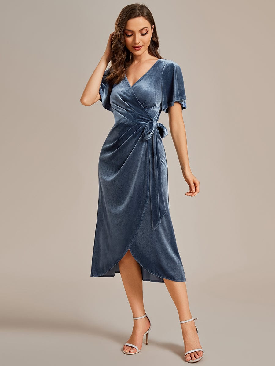 Luxurious Velvet V-Neck Short Sleeve Midi Wedding Guest Dress