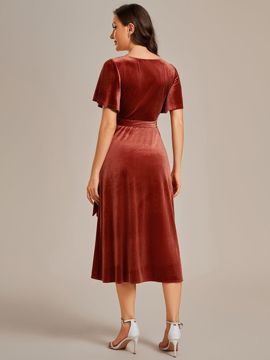 Luxurious Velvet V-Neck Short Sleeve Midi Wedding Guest Dress