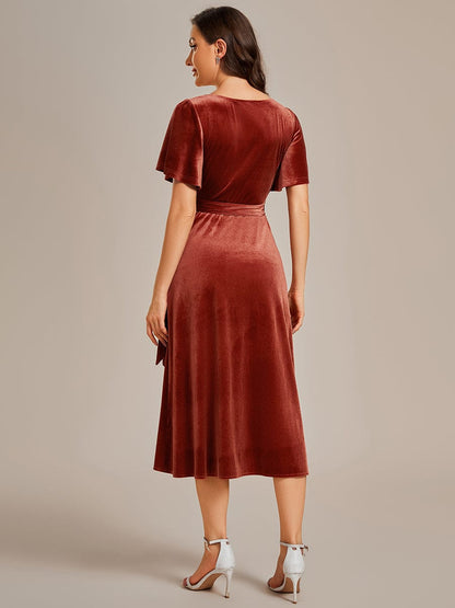 Luxurious Velvet V-Neck Short Sleeve Midi Wedding Guest Dress