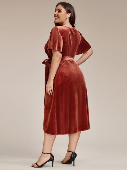 Luxurious Velvet V-Neck Short Sleeve Midi Wedding Guest Dress