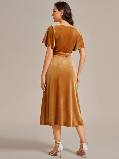 Luxurious Velvet V-Neck Short Sleeve Midi Wedding Guest Dress