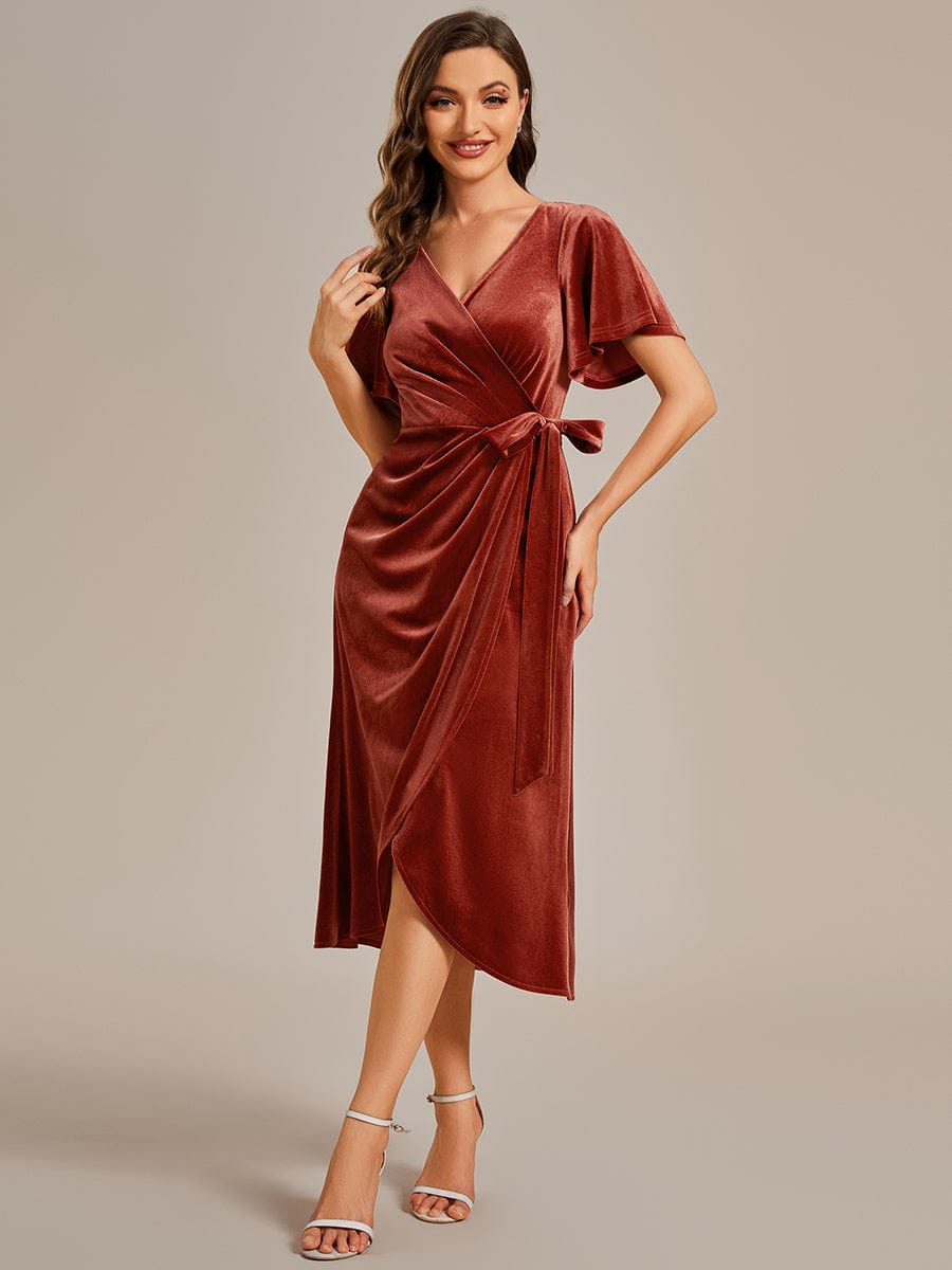 Luxurious Velvet V-Neck Short Sleeve Midi Wedding Guest Dress