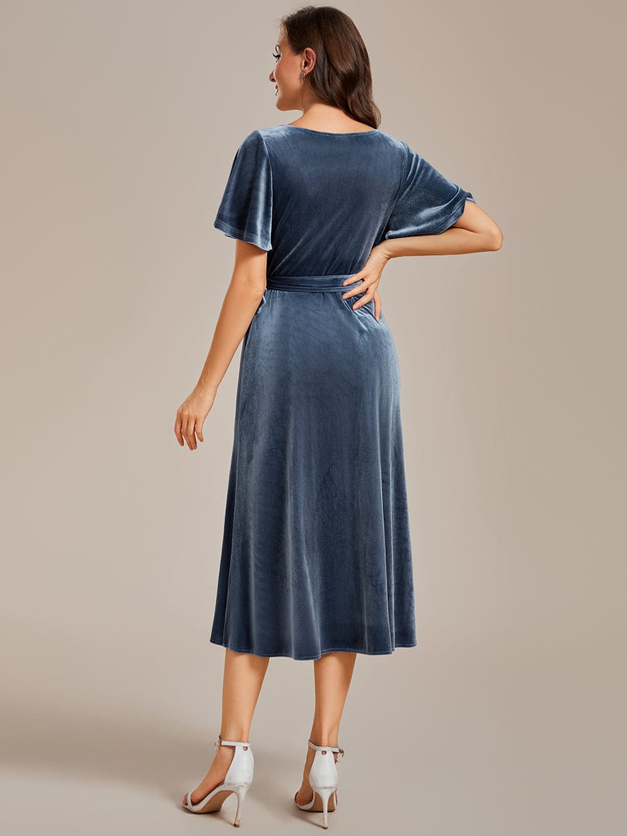 Luxurious Velvet V-Neck Short Sleeve Midi Wedding Guest Dress