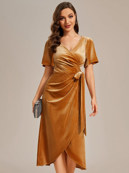 Luxurious Velvet V-Neck Short Sleeve Midi Wedding Guest Dress
