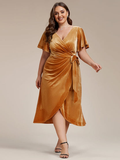 Luxurious Velvet V-Neck Short Sleeve Midi Wedding Guest Dress