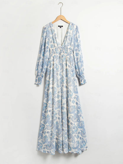 Chiffon Paisley Print Elastic Waist Maxi Wedding Guest Dress