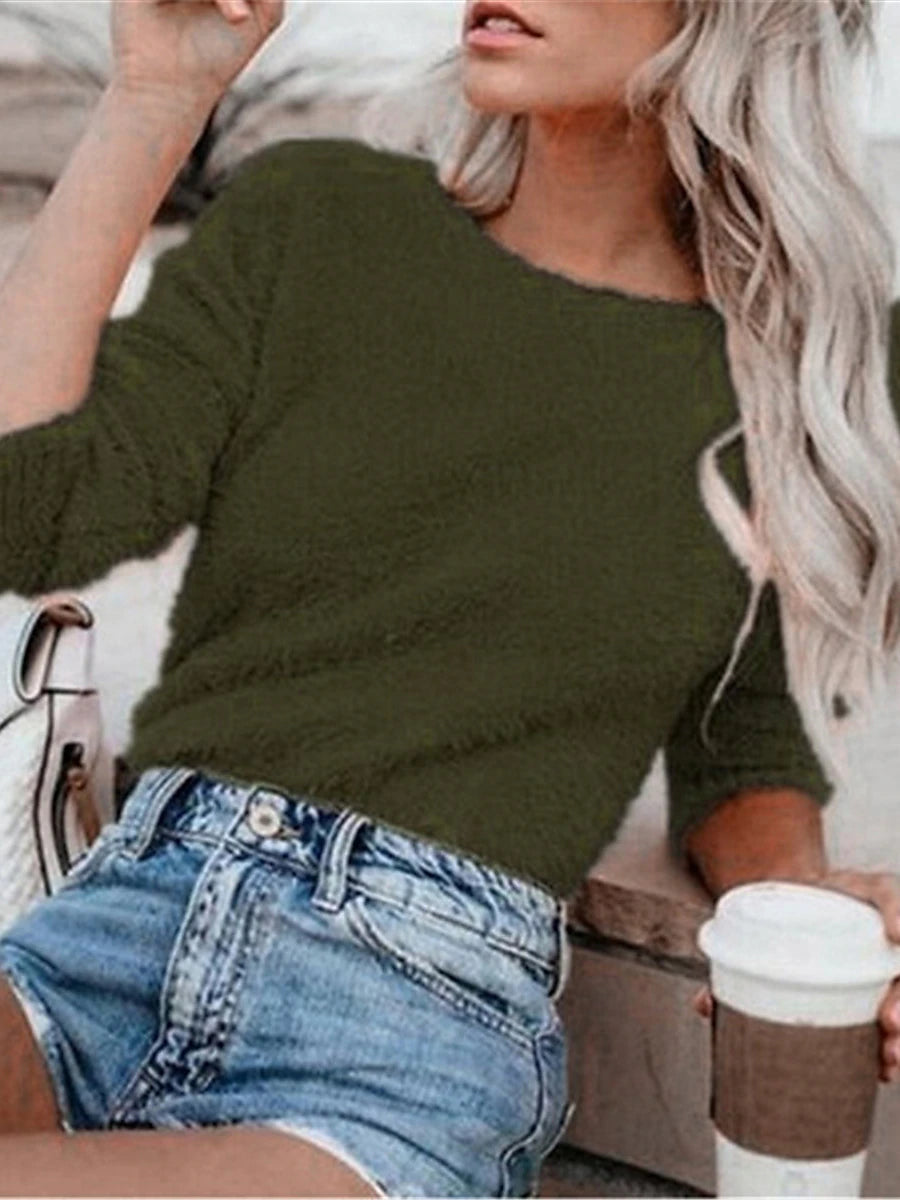 Women's Pullover Sweater Jumper Crew Neck Fuzzy Knit Polyester Oversized Fall Winter Regular Going out Weekend Stylish Casual Soft Long Sleeve Pure Color Black White Army Green S M L