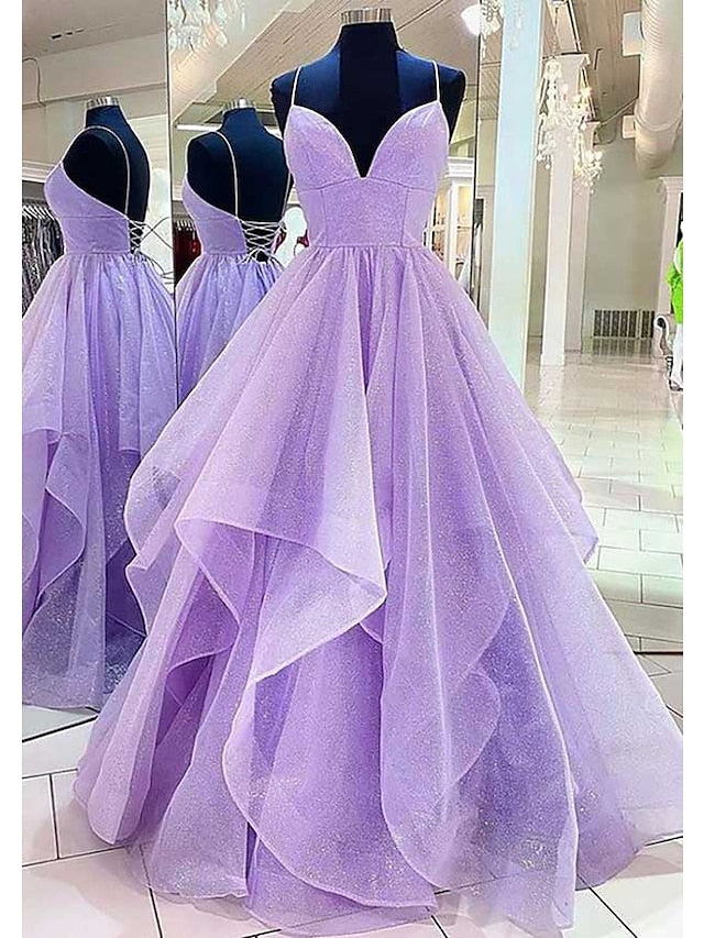Ball Gown A-Line Prom Dresses Sparkle & Shine Dress Formal Floor Length Sleeveless Sweetheart Tulle Backless with Pleats Ruffles 2023 - LuckyFash™