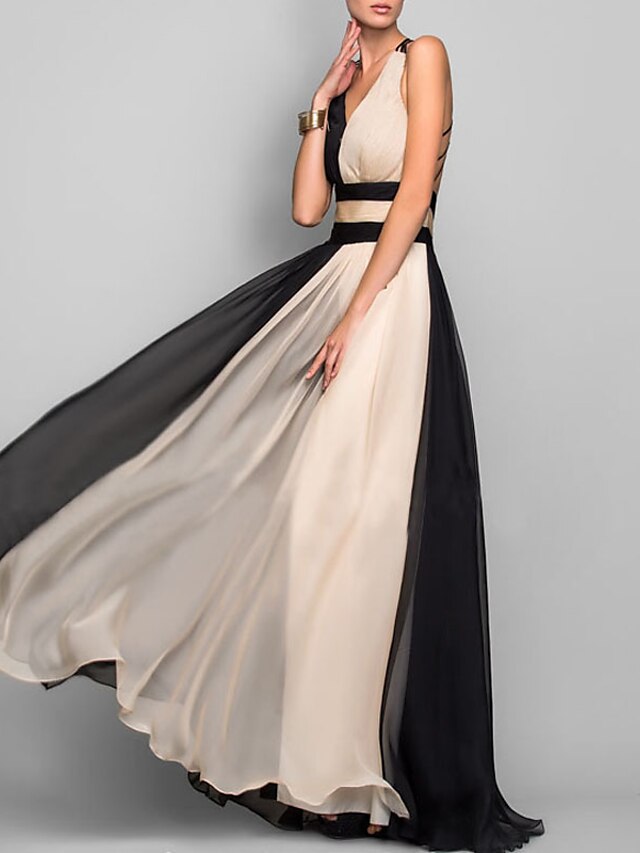 Women's Dress - Party Dress Swing Dress Long Dress Maxi Dress Black Sleeveless Color Block Backless Fall Spring Summer V Neck Party Wedding Guest 2023 S M L XL