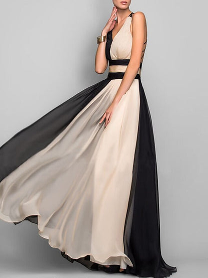 Women's Dress - Party Dress Swing Dress Long Dress Maxi Dress Black Sleeveless Color Block Backless Fall Spring Summer V Neck Party Wedding Guest 2023 S M L XL
