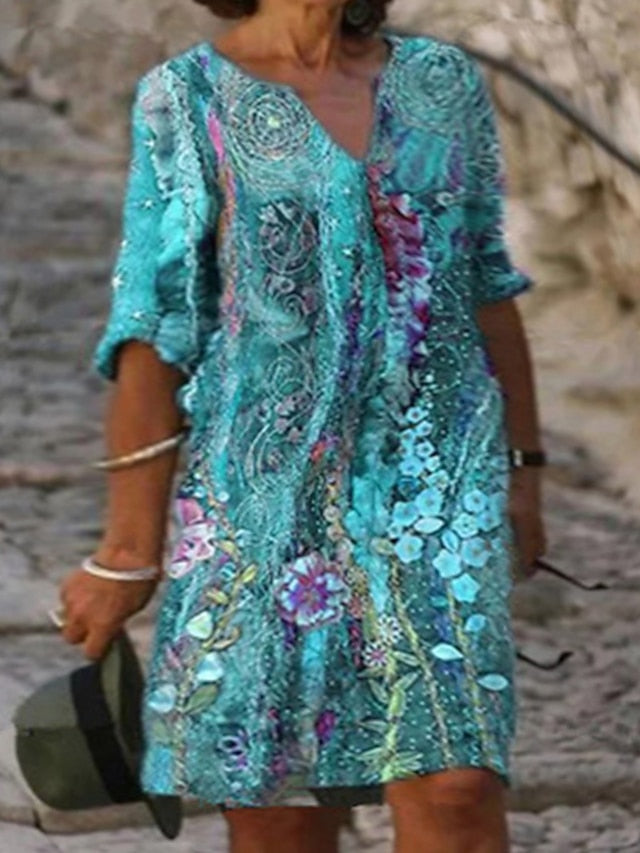 Women's Dress - Plus Size Casual Dress Shift Dress Midi Dress Print V Neck Print Half Sleeve Fall Spring Work Casual Knee Length Dress Daily Date Dress