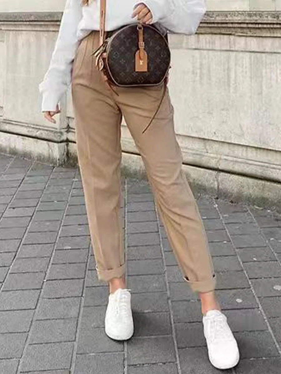 Women's Dress Pants Polyester Solid Color claret Orange red Fashion High Waist Full Length Office Street Fall Winter