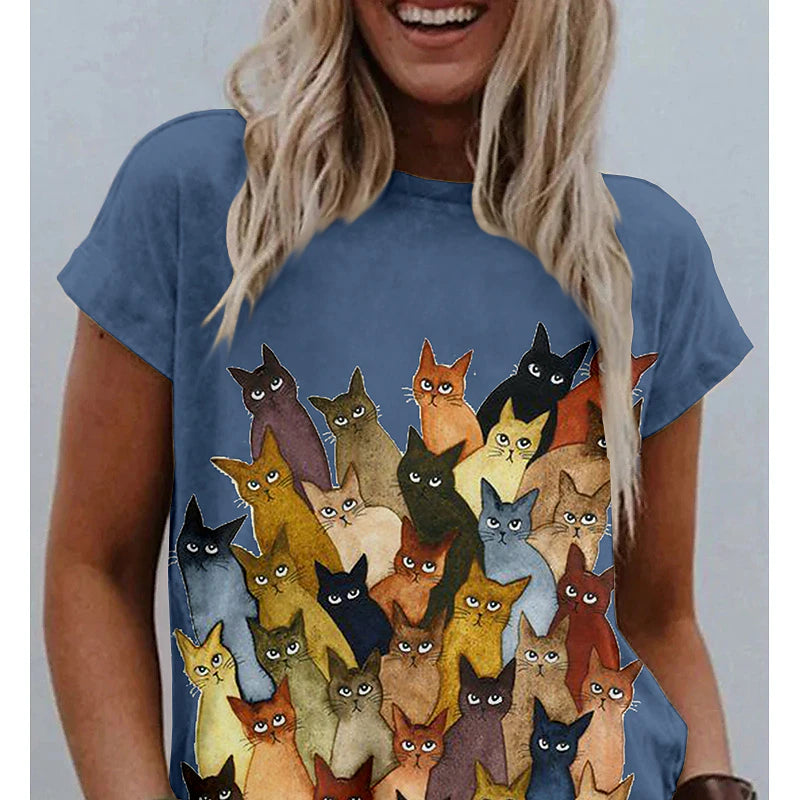 Graphic Cat Print Women's T-shirt with Shoulder Cut-outs