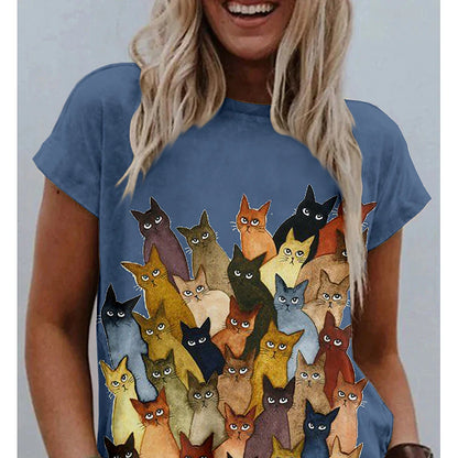 Graphic Cat Print Women's T-shirt with Shoulder Cut-outs