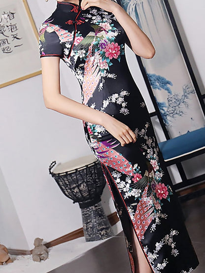 Women's Dress - Cheongsam Floral Mandarin Collar Chinoiserie Dress Long Dress Maxi Dress Light Pink Black Blue Short Sleeve Spring Summer Weekend S M L XL XXL 3XL 4XL 5XL 6XL