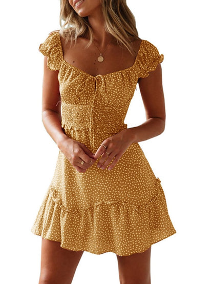 Women's Dress - Casual Dress Sundress Ruched Dress Mini Dress Red Red Wine Navy Blue Short Sleeve Floral Lace up Summer Spring Fall Square Neck Fashion Vacation Summer Dress 2023 S M L XL XXL XXXL