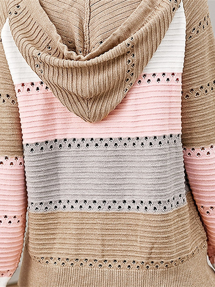 Women's Cardigan Sweater Hooded Ribbed Knit Acrylic Patchwork Zipper Hooded Spring Fall Outdoor Daily Going out Stylish Casual Soft Long Sleeve Color Block Black Pink Gray S M L