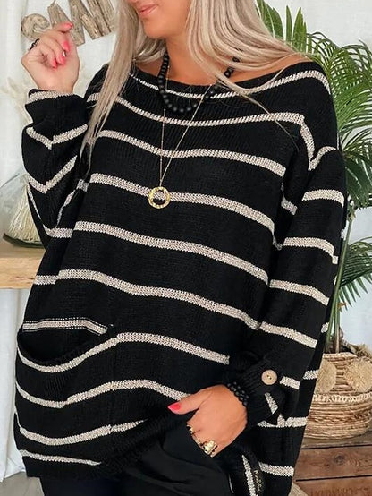 Women's Pullover Sweater Jumper Crew Neck Ribbed Knit Polyester Pocket Fall Winter Daily Going out Weekend Stylish Casual Soft Long Sleeve Striped Maillard Black Pink Orange S M L