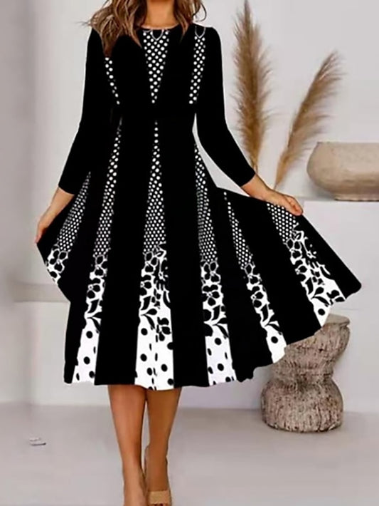 Women's Dress - Casual Dress Swing Dress Midi Dress Gold Pink White 3/4 Length Sleeve Floral Patchwork Winter Fall Spring Crew Neck Fashion Winter Dress Daily Vacation Loose Fit 2023 S M L XL XXL 3XL