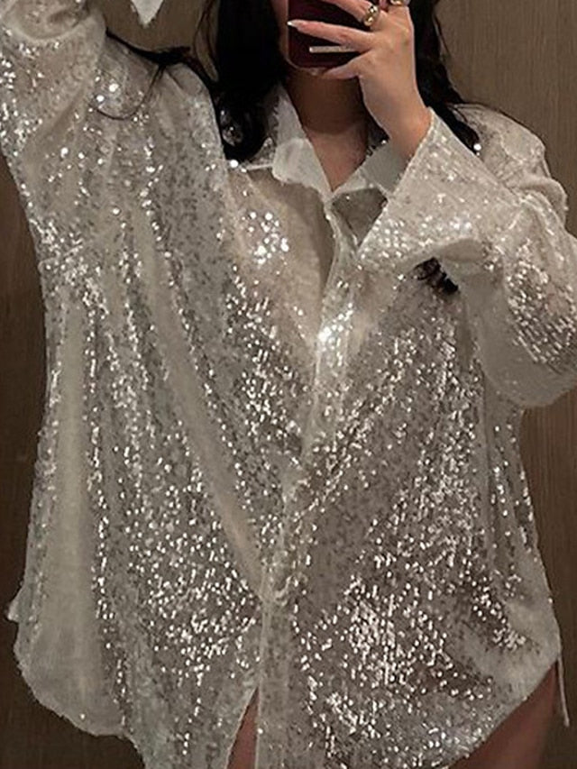 Women's Dress - Shirt Dress Holiday Dress Silver Long Sleeve Pure Color Sequins Button Winter Fall Shirt Collar Stylish Casual Modern Fall Dress 2023 S M L XL / Winter Dress
