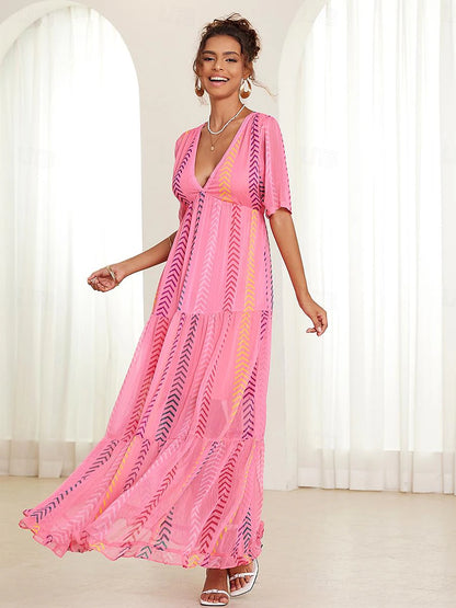 Women's Chiffon Print V Neck Long Dress Maxi Dress Party Short Sleeve Summer