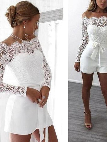 Jumpsuits for Women Sexy Romper Lace Backless Solid Color Off Shoulder Elegant Party Street Regular Fit Long Sleeve White S M L Summer - LuckyFash™