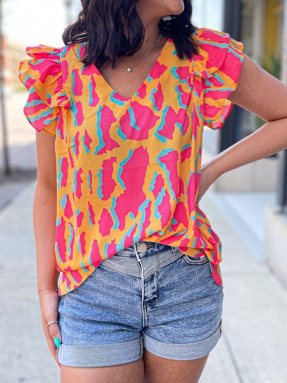Mango Abstract Print Double Layer Ruffle Sleeve V Neck Blouse