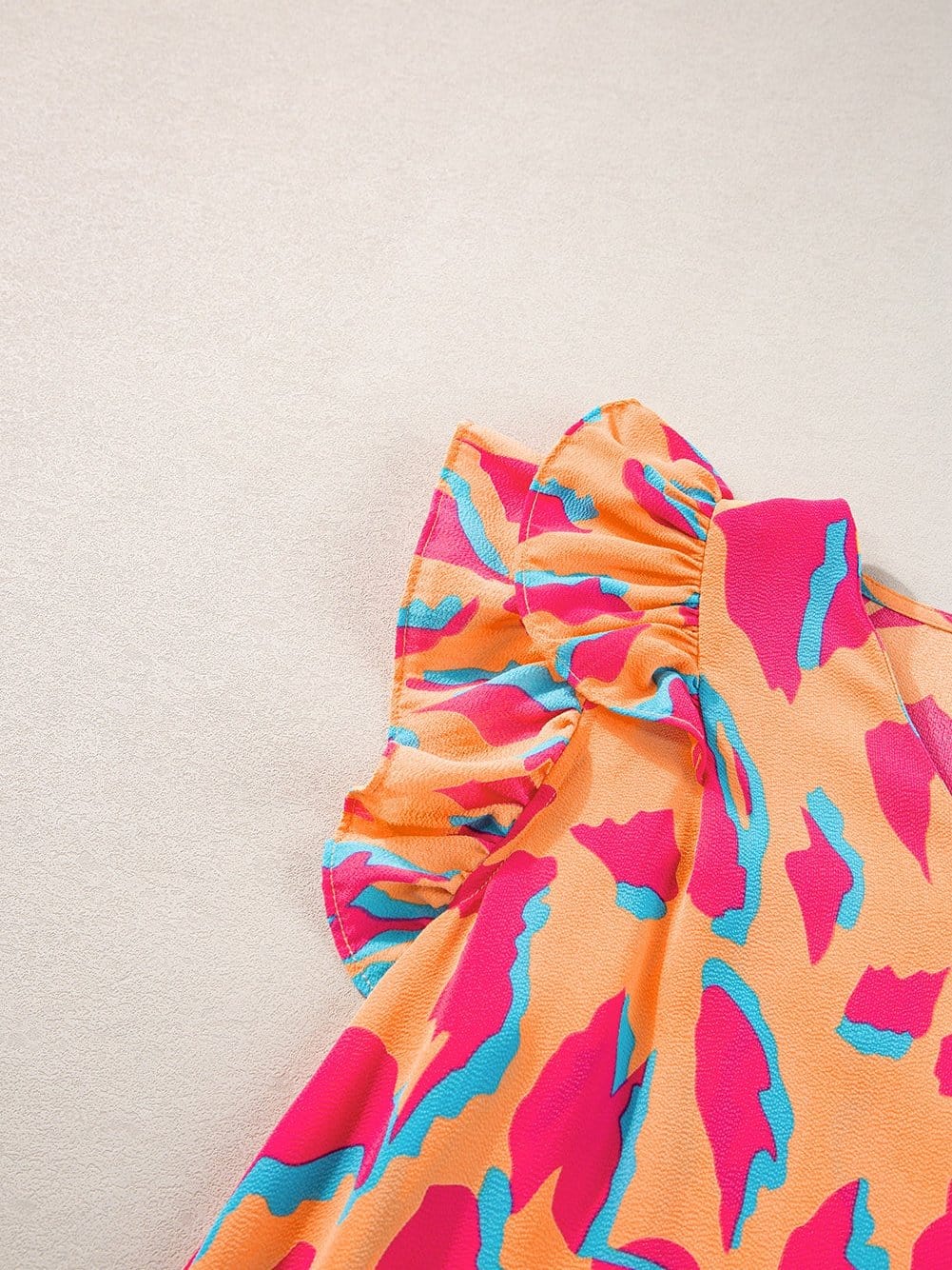 Mango Abstract Print Double Layer Ruffle Sleeve V Neck Blouse