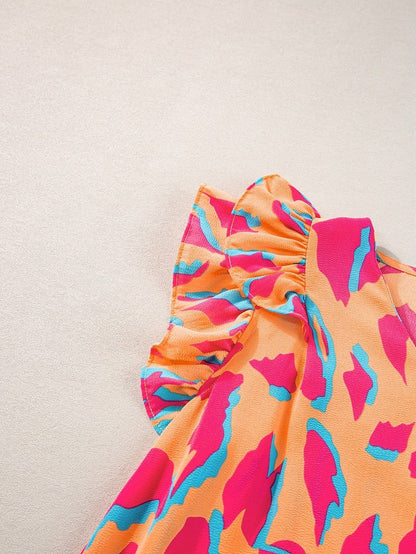 Mango Abstract Print Double Layer Ruffle Sleeve V Neck Blouse