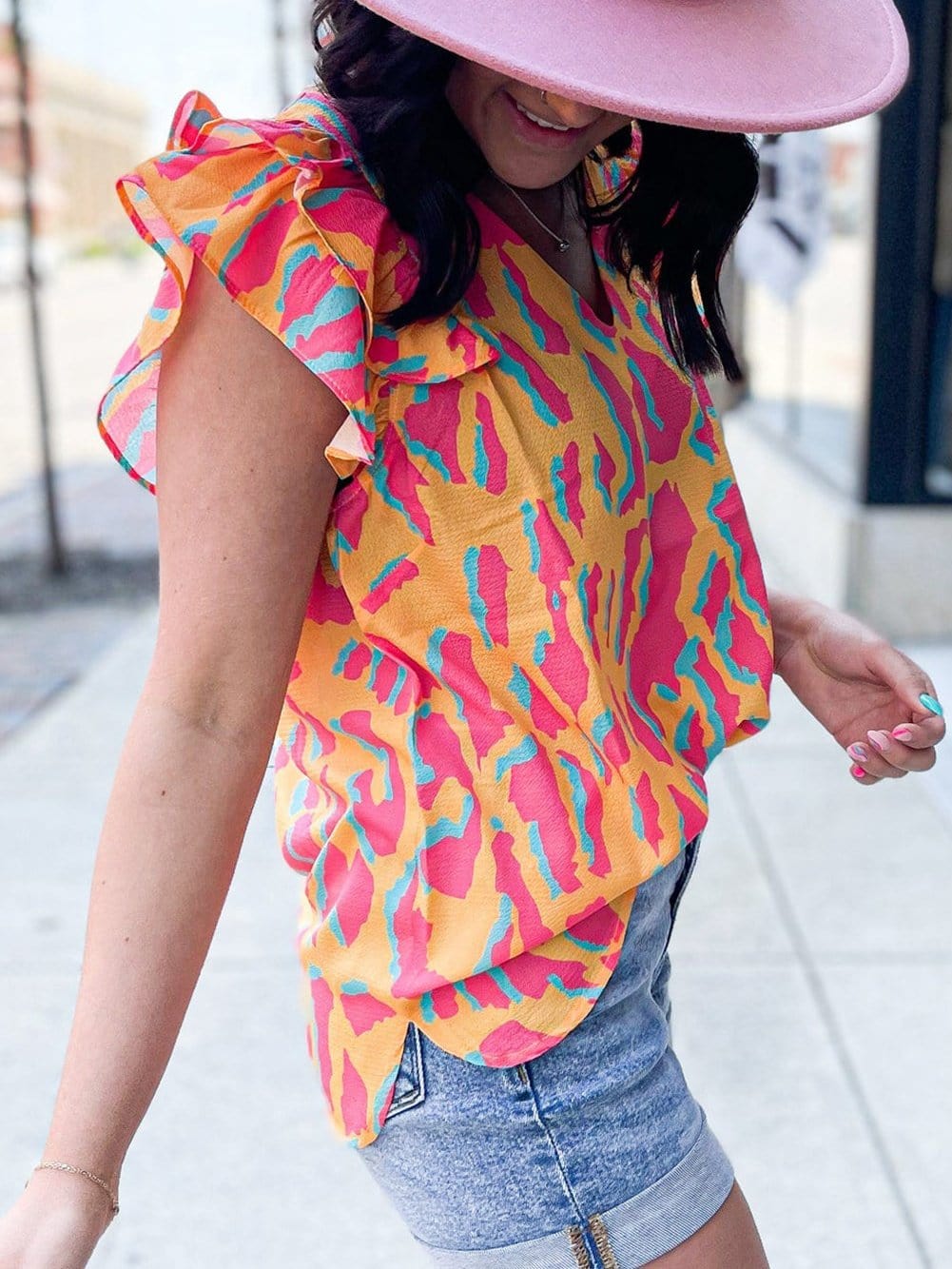 Mango Abstract Print Double Layer Ruffle Sleeve V Neck Blouse